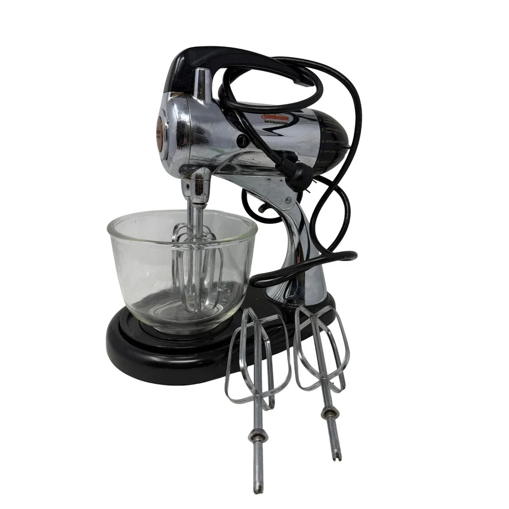 Vintage Sunbeam Mixmaster Stand Mixer Chrome Black with Glass Bowl and Beaters